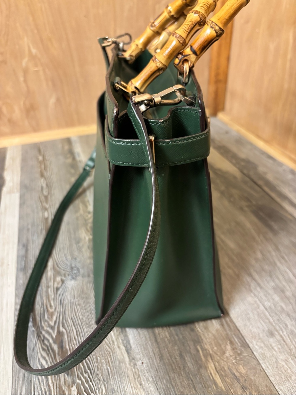 Kate Spade Custom- Hand Painted Dark Green Large Satchel w/ Bamboo Handles - Picture 4 of 9